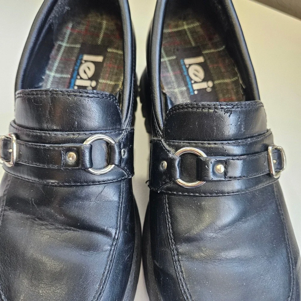 Vintage LEI 90s Y2K Black Chunky Platform Loafers Buckle Shoes Womens Size 6M